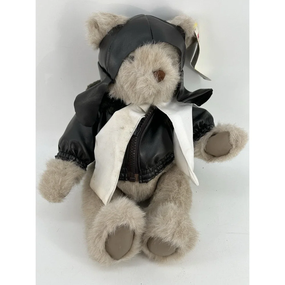 VTG Gund Aviator Teddy Bear Plush Stuffed Animal Black Leather Jacket & Hat